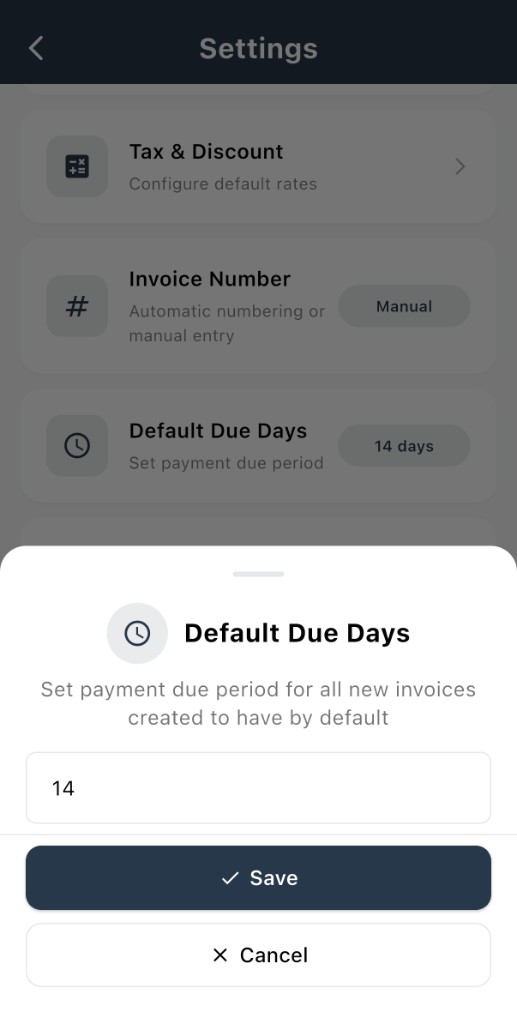 Default Due Days sheet on Settings