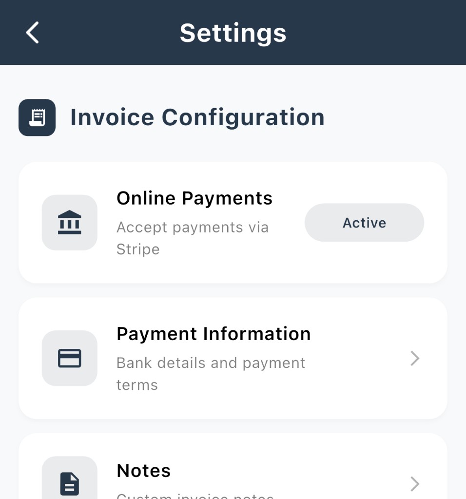 Settings with Online Payments Active