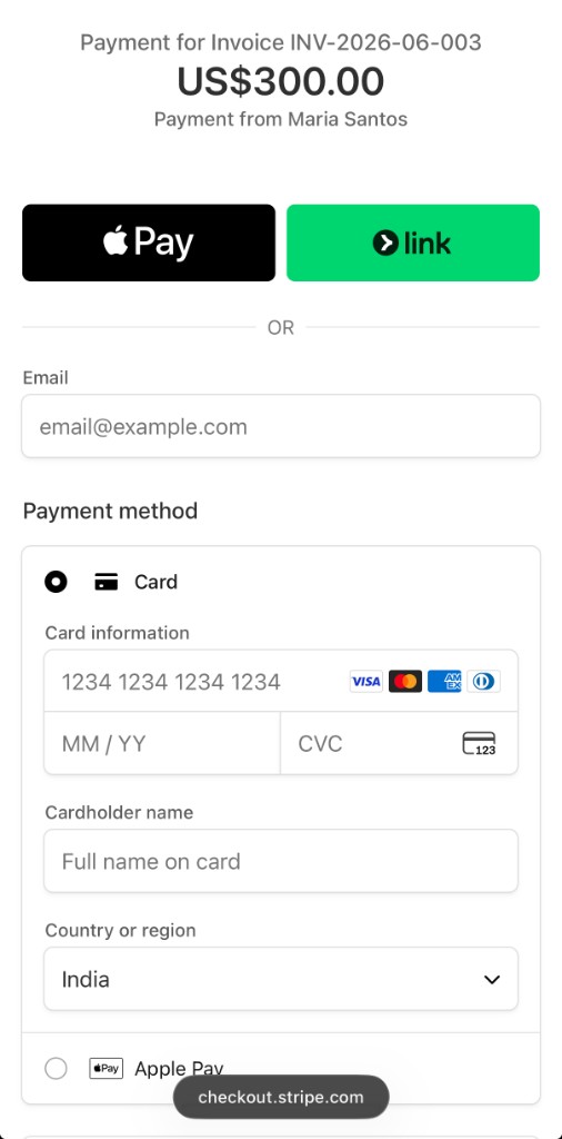 Stripe Checkout payment page for an invoice