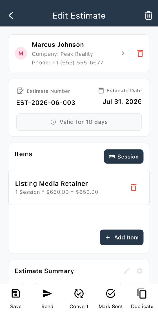Edit Estimate with contact, number, validity, and line items