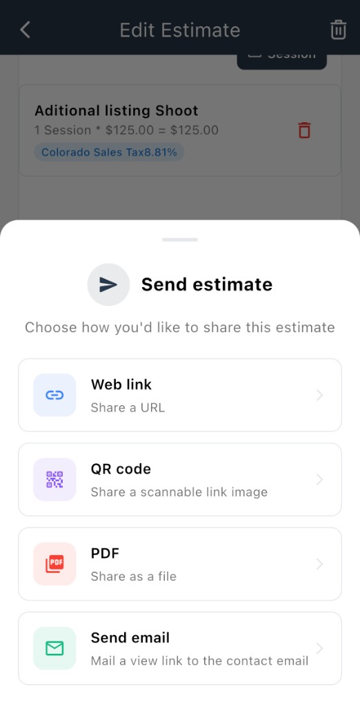 Send estimate options — web link, QR code, PDF, and email