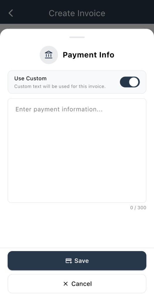 Payment Info sheet with Use Custom