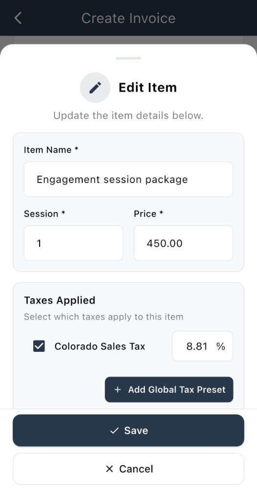 Edit Item sheet with taxes applied