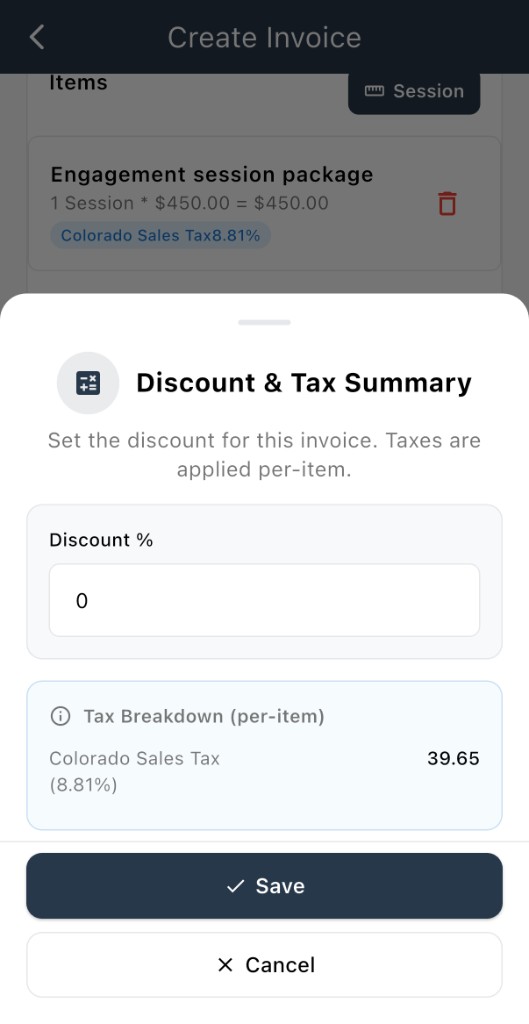 Discount and Tax Summary sheet