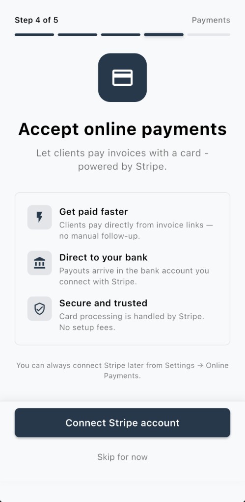 Accept online payments — Connect Stripe or Skip for now
