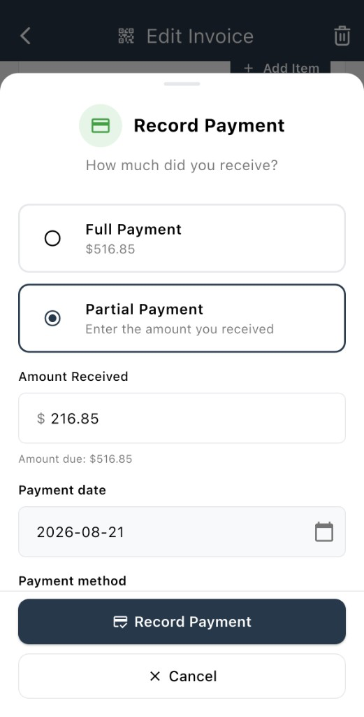 Record Payment sheet with Full or Partial Payment