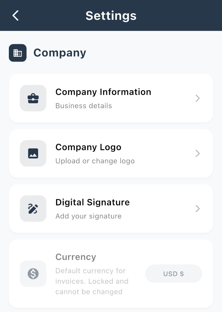 Settings with Company section