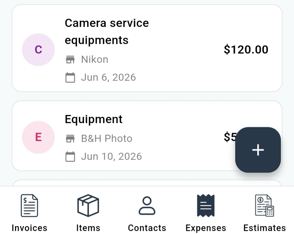 Expenses list in Trueinvoice